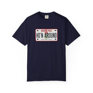 Navy blue t-shirt with a humorous holiday license plate design on a white background