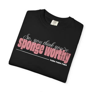 Dark gray t-shirt with 'Sponge Worthy 90s Seinfeld Grunge' design on a white background