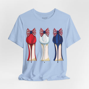Gold t-shirt with 'Patriotic Fashion July 4th' design on a white background