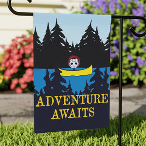 Garden flag with 'Adventure Awaits Funny Halloween' design