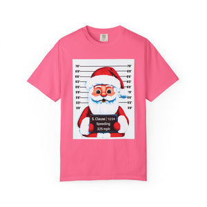 Pink t-shirt with a graphic of Santa Claus on a mugshot background