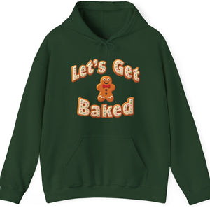 Green hoodie with 'Let's Get Baked' text and gingerbread man graphic on a white background