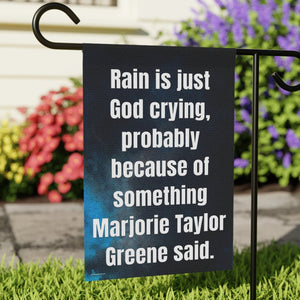 Garden flag with 'Sarcastic Political Quote Funny Politics' design