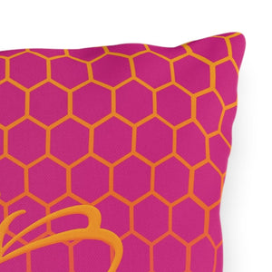 throw pillow with 'Honeycomb Bee Reversible Pink & Orange' design