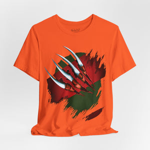 Red t-shirt with 'Nightmare on Elm Freddy Halloween' design on a white background