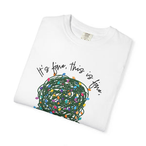 white folded t-shirt with a graphic of a tangled ball of lights with text It's fine, this is fine, everything is fine.