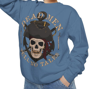 Yellow sweatshirt with 'Dead Men Tell No Tales Pirate Skull' design on a plain background