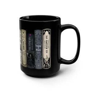 Black coffee mug with Halloween books design.