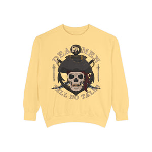 Grey sweatshirt with 'Dead Men Tell No Tales Pirate Skull' design on a plain background