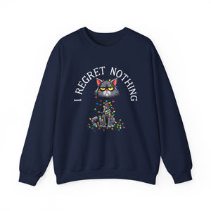 Navy Blue sweatshirt with a graphic of a cat tangled in Christmas lights and text the says 'I Regret Nothing'.