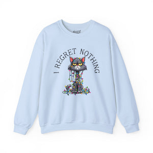 Blue sweatshirt with a graphic of a cat tangled in Christmas lights and text the says 'I Regret Nothing'.
