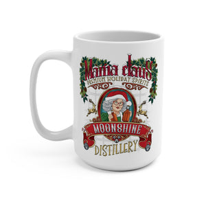 White mug with Christmas-themed design featuring 'Mama Claus' and 'Moonshine Distillery' text.