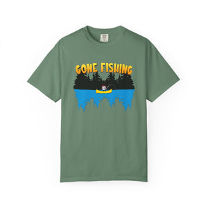 Green t-shirt with 'Gone Fishing' graphic on a white background
