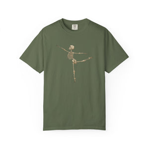 Green t-shirt with a ballerina skeleton design on a white background