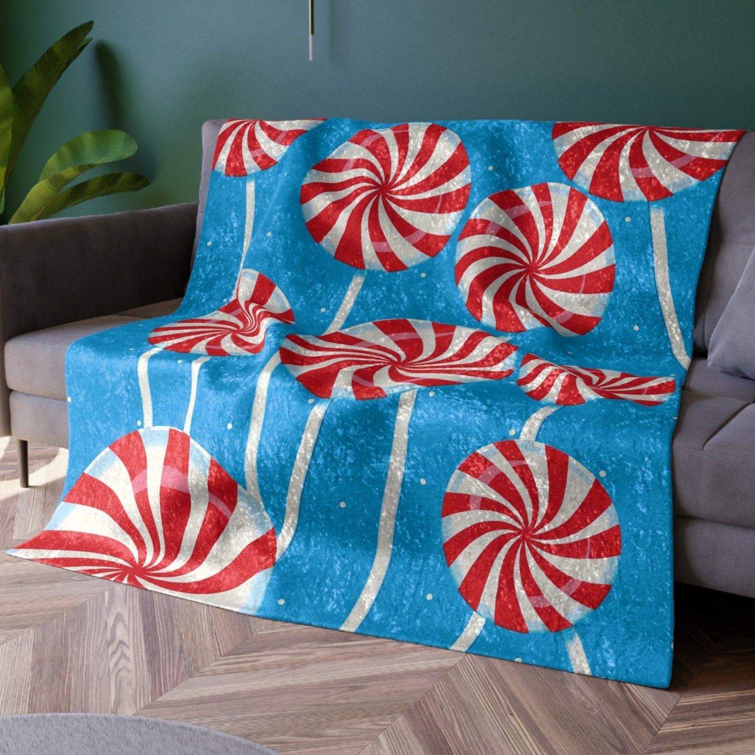 Peppermint Lollipops Blue Christmas Throw