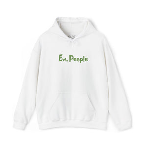 White hoodie with 'Ew, People' text in green on a white background