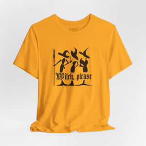 Yellow t-shirt with witch graphic and 'Witch Please' text on a white background