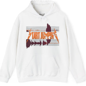 Va Tech White hoodie with 'Star Jumping' graphic design on a white background