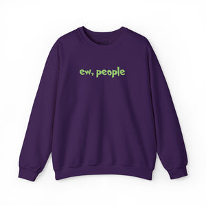 Purple sweatshirt with 'ew, people' embroidered on the front on a white background.