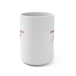 A white ceramic mug with pink printed text partially visible on both sides, shown on a clean white background.