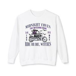 Blue jean sweatshirt with 'Ride or Die Witches Halloween' design on a plain background