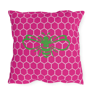 throw pillow with 'Honeycomb Bee Reversible Pink & Green' design