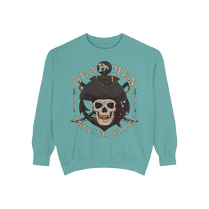 Seafoam sweatshirt with 'Dead Men Tell No Tales Pirate Skull' design on a plain background
