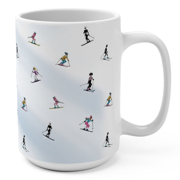 White mug with skiing patterns on a white background