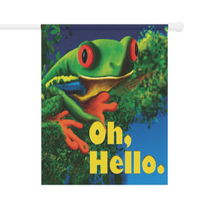 Garden flag with 'Oh Hello Frog Funny' design