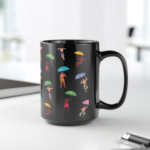 mug with 'It's Raining Men Funny' graphic on a white background