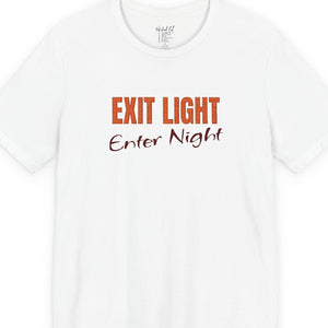 White t-shirt with embroidered 'EXIT LIGHT Enter Night' text on a white background