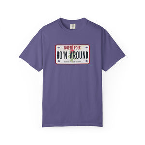 Purple t-shirt with a humorous holiday license plate design on a white background
