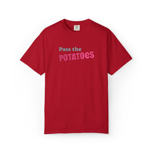 Red t-shirt with embroidered text that says Pass the Potatoes 