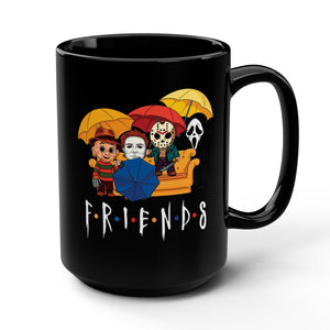 Black mug with 'Friends' graphic featuring characters under umbrellas on a white background