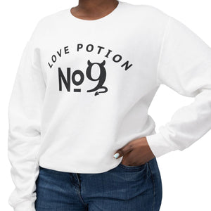 Crimson sweatshirt with 'Love Potion No 9 Halloween' design on a plain background