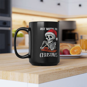 mug with 'Just Waiting For Christmas Funny Halloween' graphic on a white background