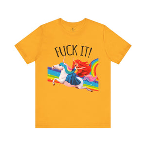 Charity pink t-shirt with 'Rainbows & Unicorns Funny' design on a white background