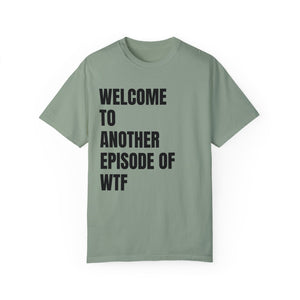 Grey t-shirt with 'WTF Funny Sarcastic' design on a white background