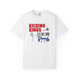 White t-shirt with 'Kicking Kings to the Curb since 1776' text and graphics on a white background