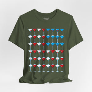 Charity pink t-shirt with 'Martini American Patriotic July 4th' design on a white background