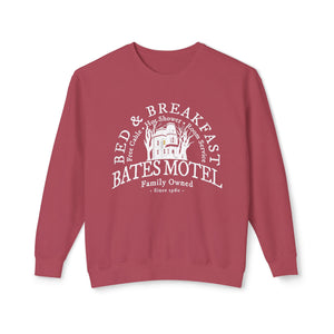 Black sweatshirt with 'Bates Motel Halloween Fall' design on a plain background