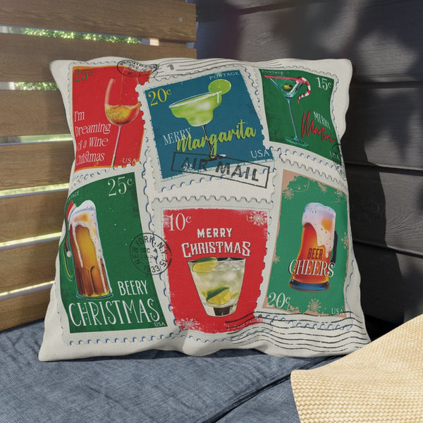 christmas stamps cocktails holiday pillow