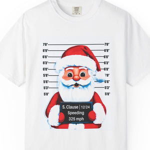 White t-shirt with a graphic of Santa Claus in a mugshot style design on a white background