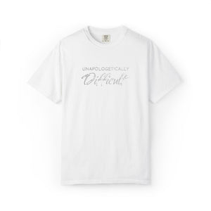White t-shirt with 'Unapologetically Different' text on a white background