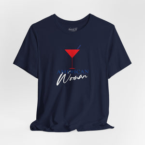 Military green t-shirt with 'American Woman Patriotic Martini July 4th' design on a white background