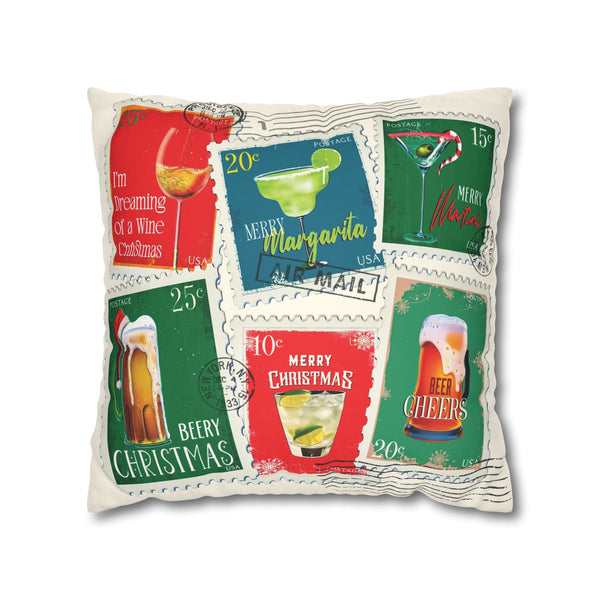 Christmas Cocktail Stamps Faux Suede Pillow Cover