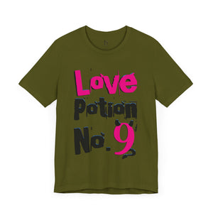 Yellow t-shirt with 'Love Potion No 9 Witchy Woman' design on a white background