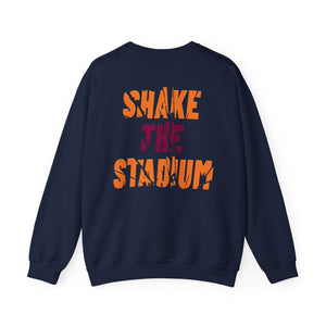 A navy blue crewneck sweatshirt shown from the back, featuring the text 'SHAKE THE STADIUM' printed in distressed orange and dark red lettering.