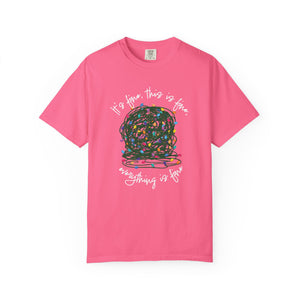 pink t-shirt with a graphic of a tangled ball of lights with text It's fine, this is fine, everything is fine.