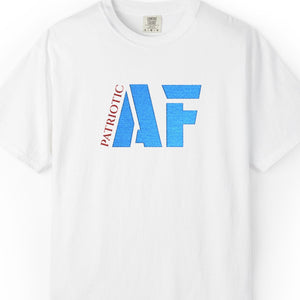 White t-shirt with 'Patriotic AF' text on a white background
